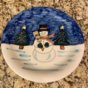 Snowman Christmas Cake Plate Dessert Platter Blue Holiday Green Christmas Tree